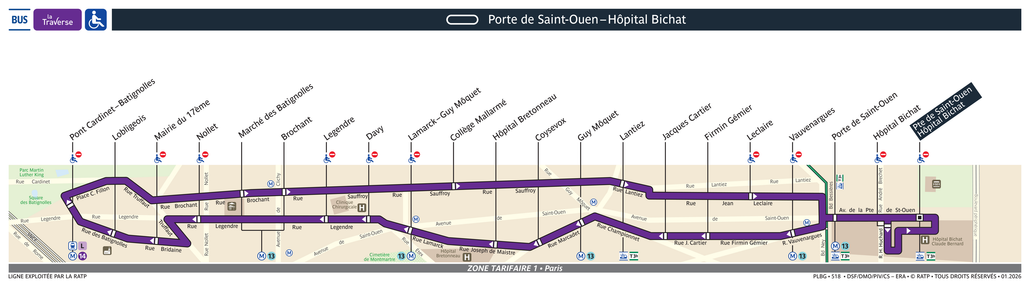Tracé de la ligne de Bus La Traverse Batignolles – Bichat